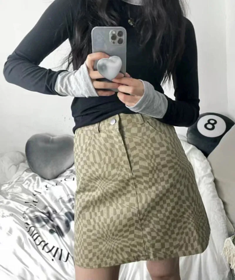 ADVBRIDGE  Jeans Skirts Female Plaid High Waist Skirts Women Summer Sexy Summer Beach Denim Saia Korean Fashioin Green Pink Skirt