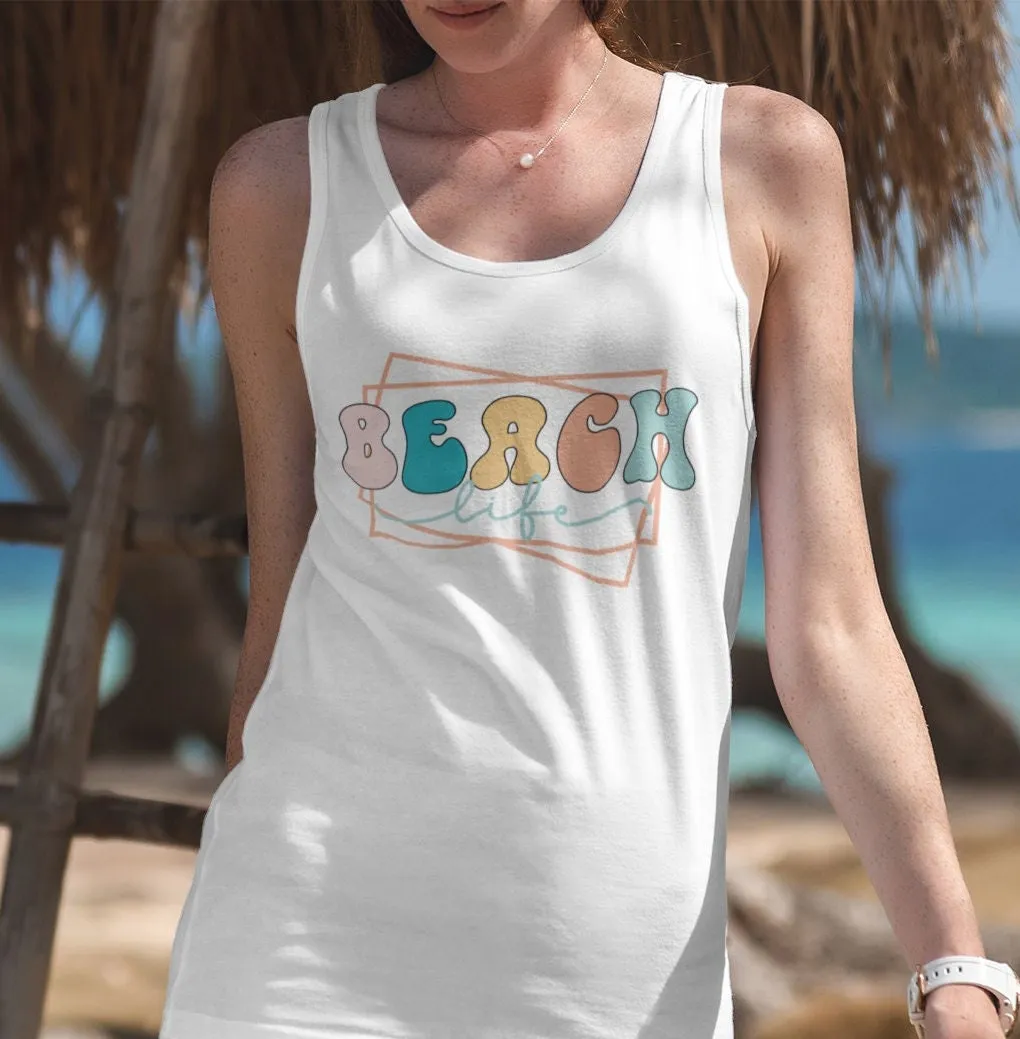 Beach Life Tank, Casual Summer Style Top, Colorful Typography Tee, Trendy Coastal Fashion Shirt