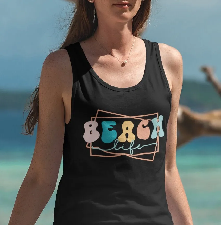 Beach Life Tank, Casual Summer Style Top, Colorful Typography Tee, Trendy Coastal Fashion Shirt