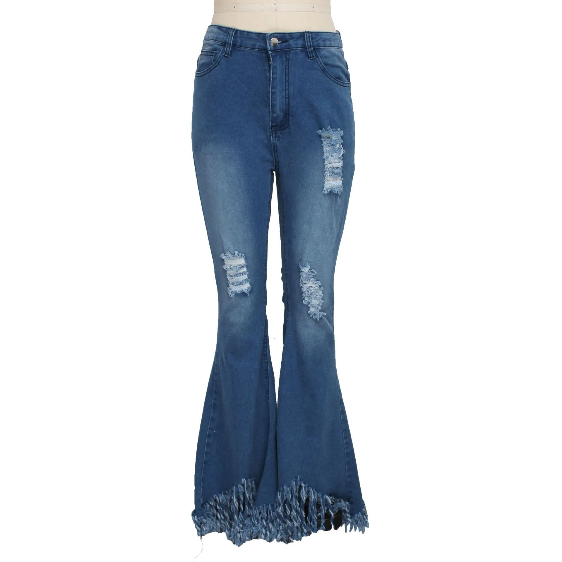 Bell Bottom Jeans Faded Denim High Waist Flare Pants Ripped Holes Destroyed Fringed Hem Boho Festival Hippie Available In Dark Wash & Black Too! Small Medium Large Extra Large XL XXL 2X XXXL 3X Plus Size