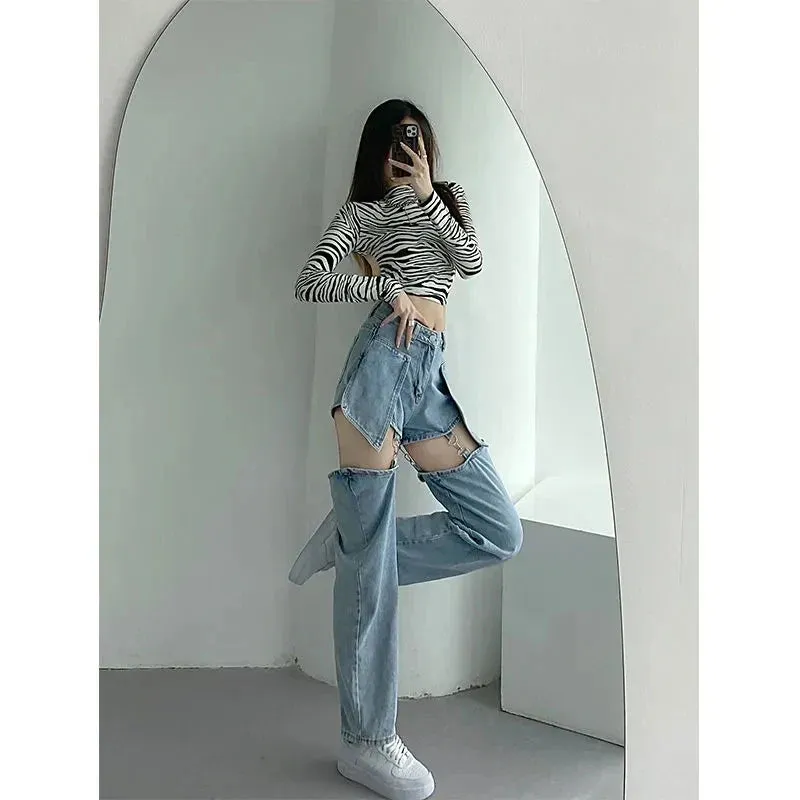 Bonnyshow Women Jeans Hole Ripped High Waist Denim Harajuku Wide Leg Loose Ins Chic BF Vintage Casual Female Pants Baggy Trousers