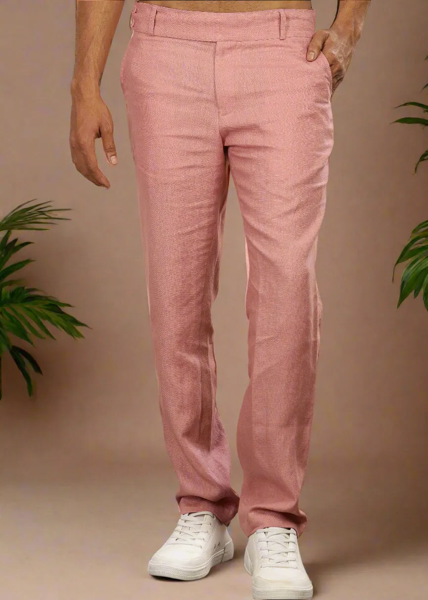 Brandon Double Button Broad Pure Linen Trousers - Rose Pink