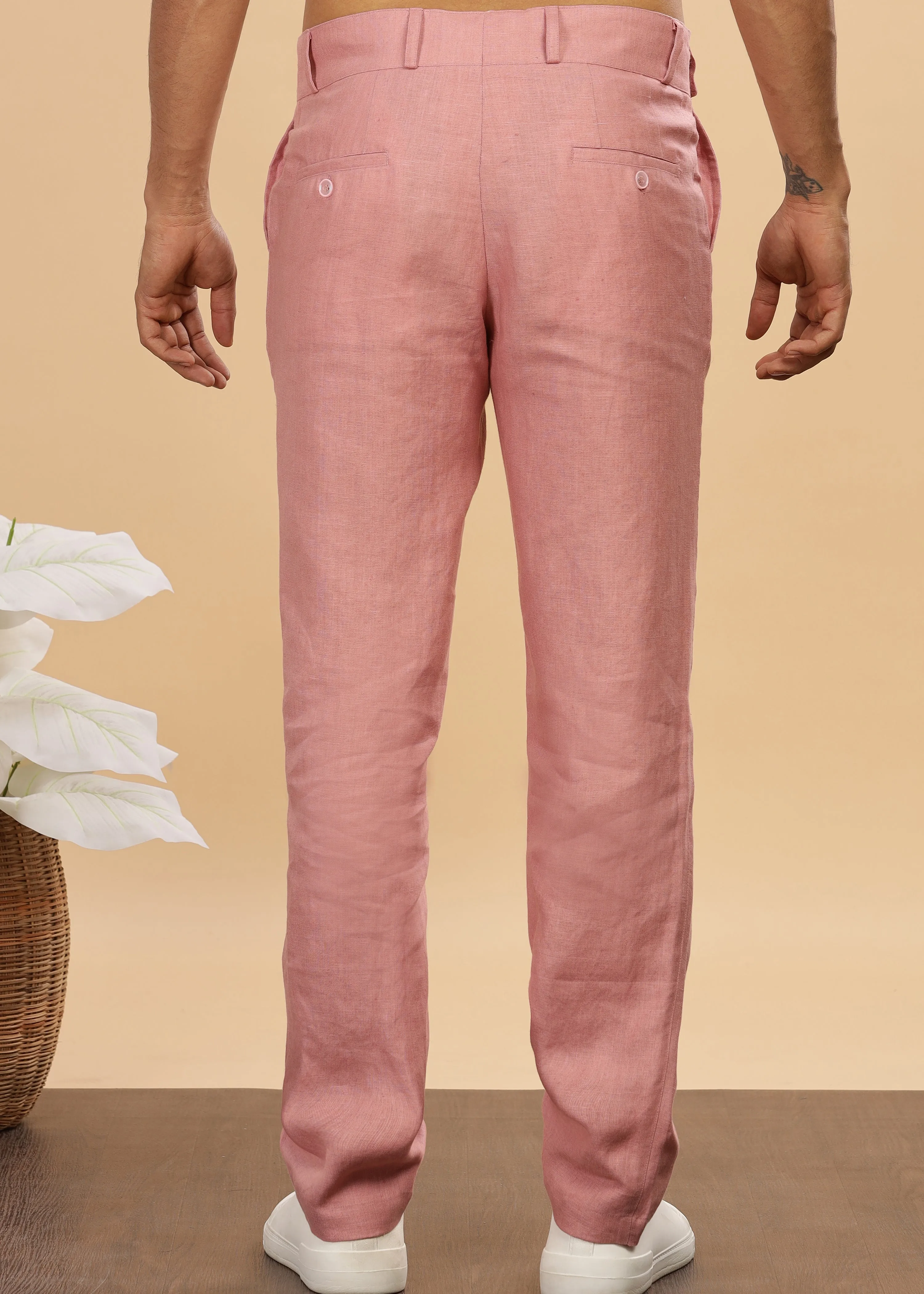 Brandon Double Button Broad Pure Linen Trousers - Rose Pink