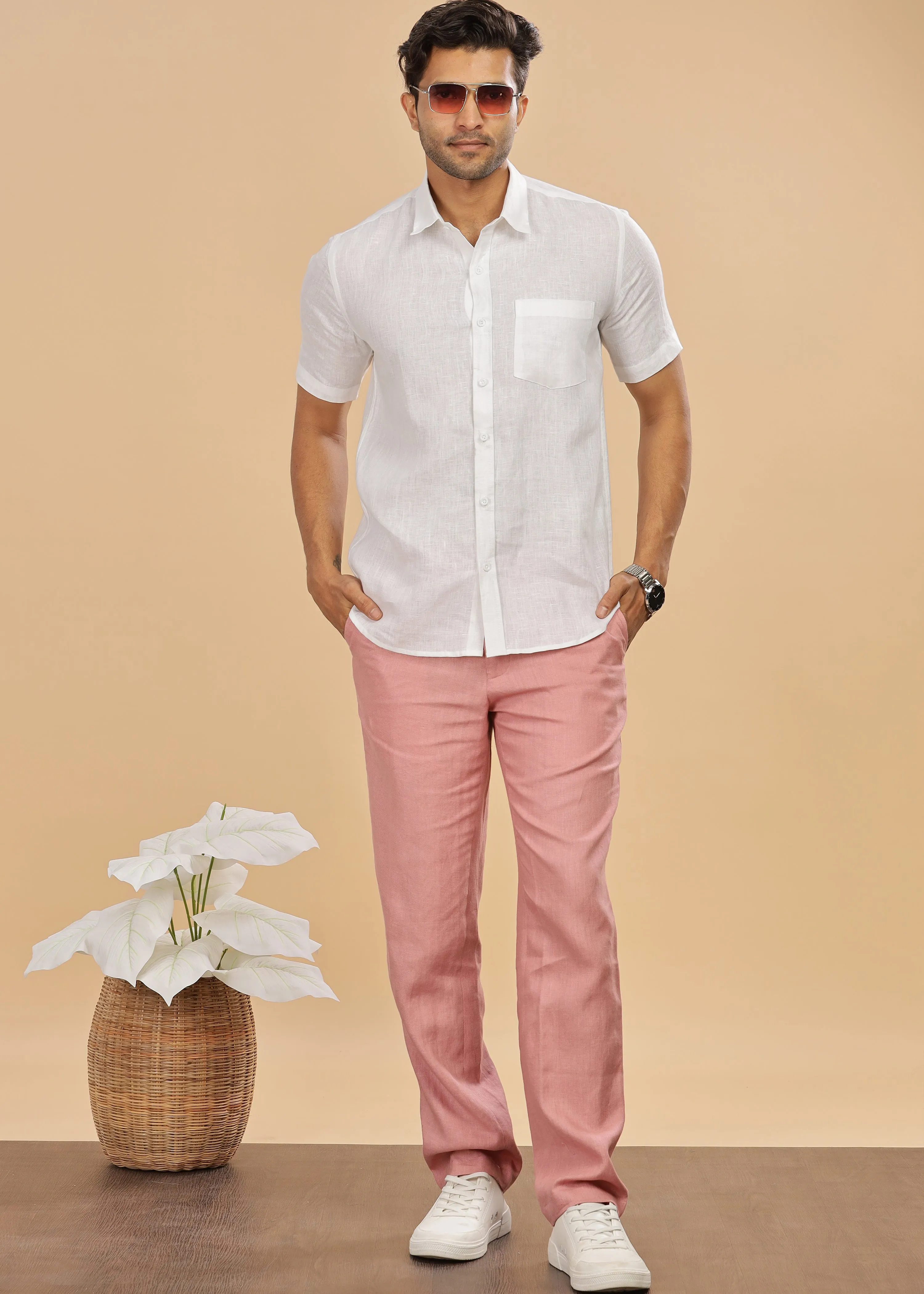 Brandon Double Button Broad Pure Linen Trousers - Rose Pink