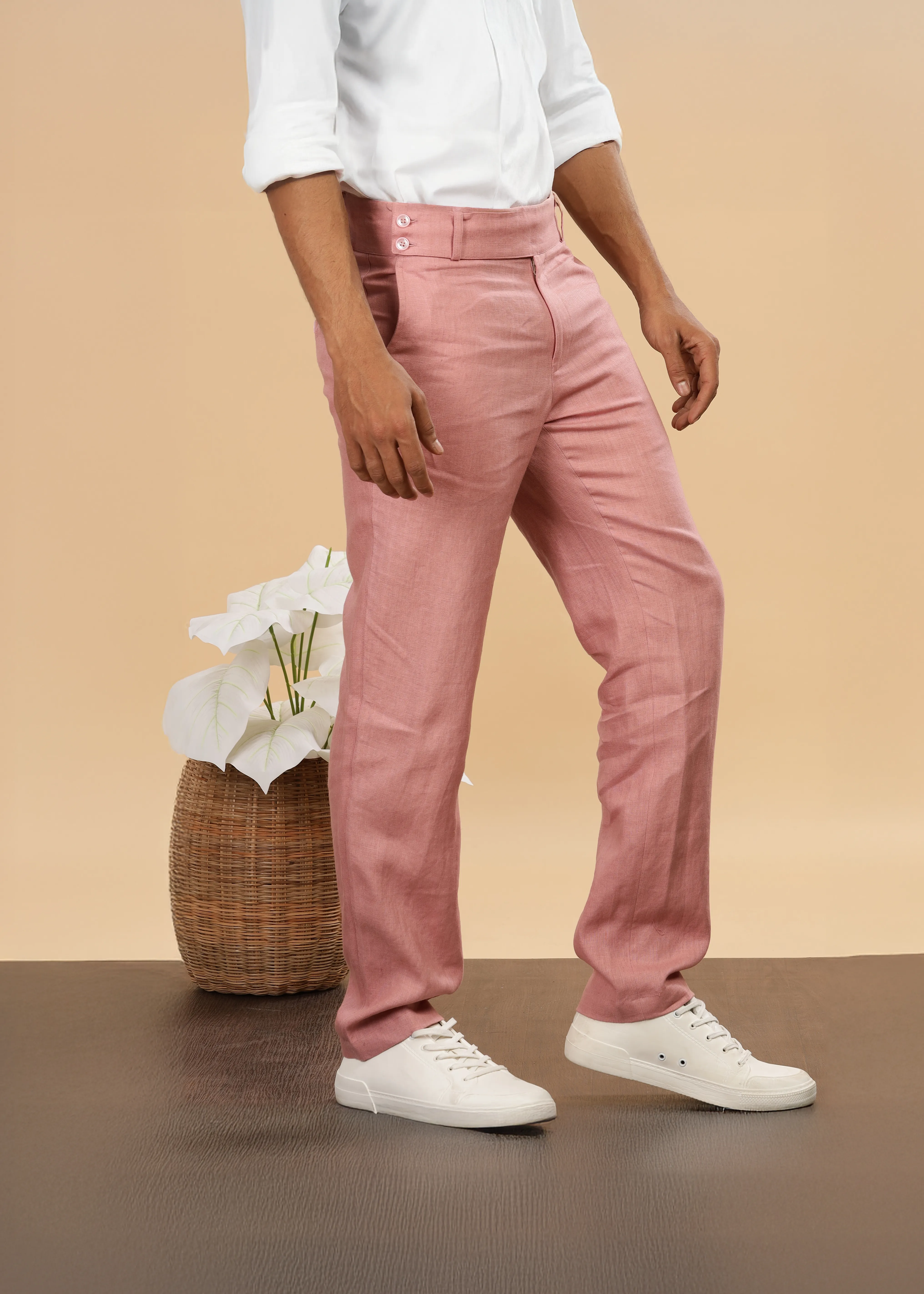 Brandon Double Button Broad Pure Linen Trousers - Rose Pink