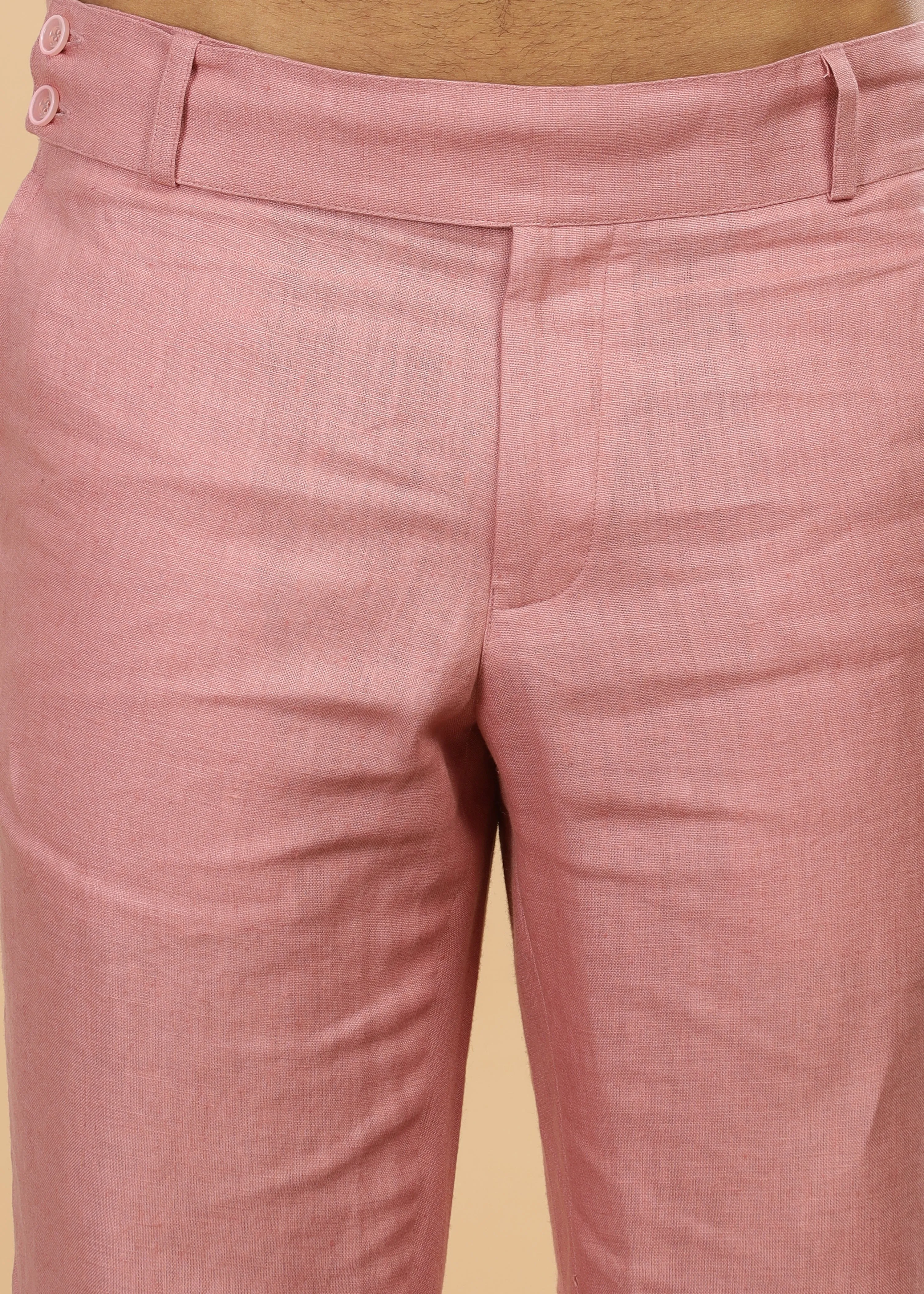 Brandon Double Button Broad Pure Linen Trousers - Rose Pink