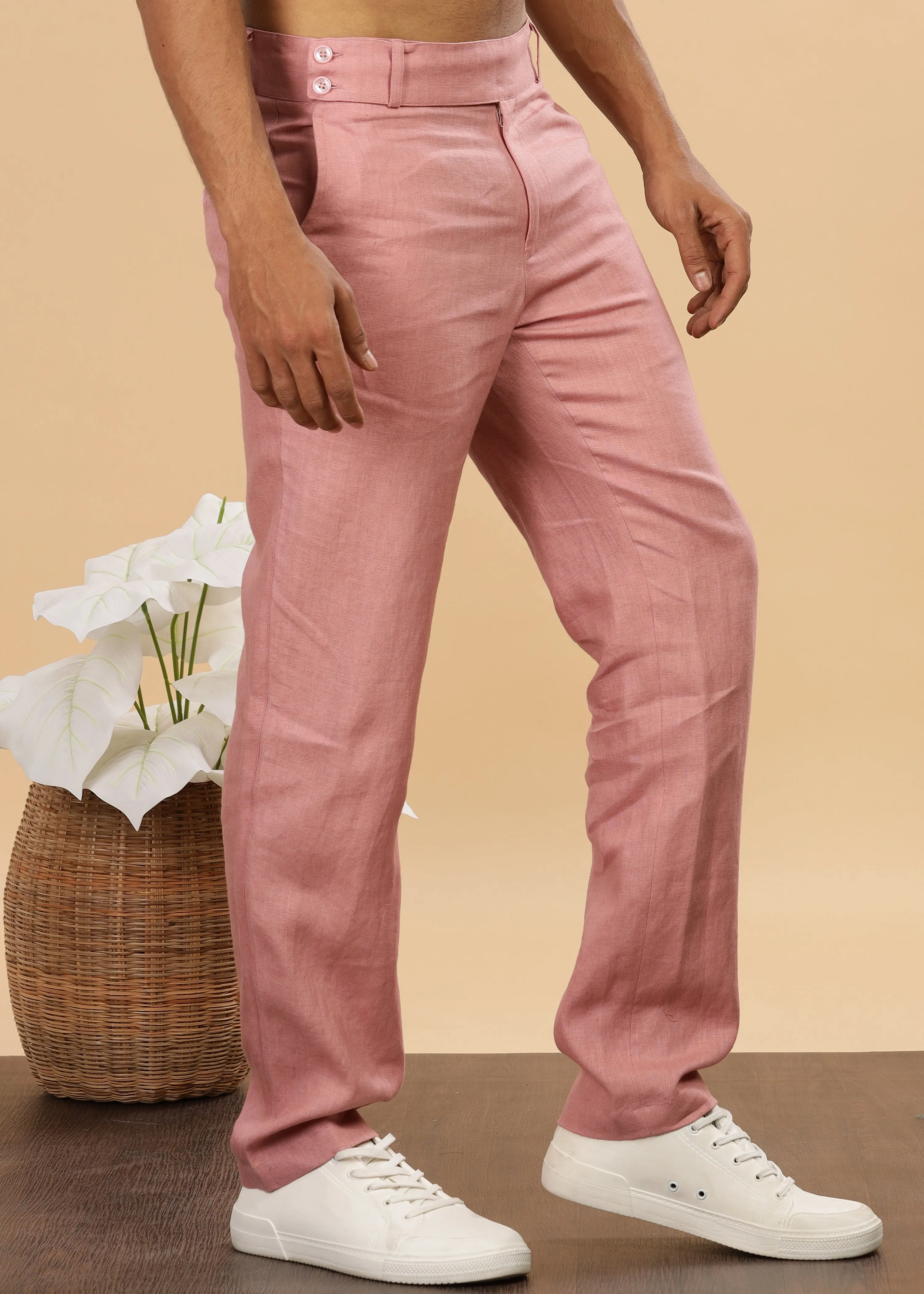 Brandon Double Button Broad Pure Linen Trousers - Rose Pink