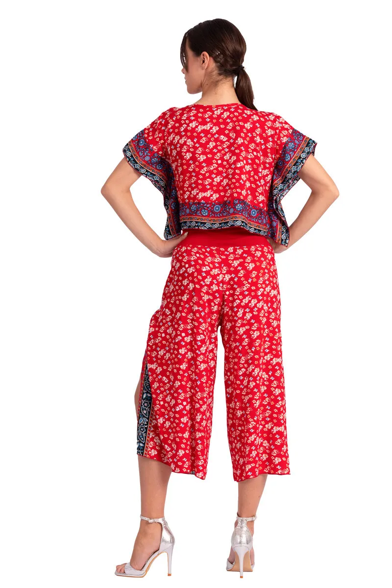 Bright Red Floral Print Boxy Co-ord Crop Top