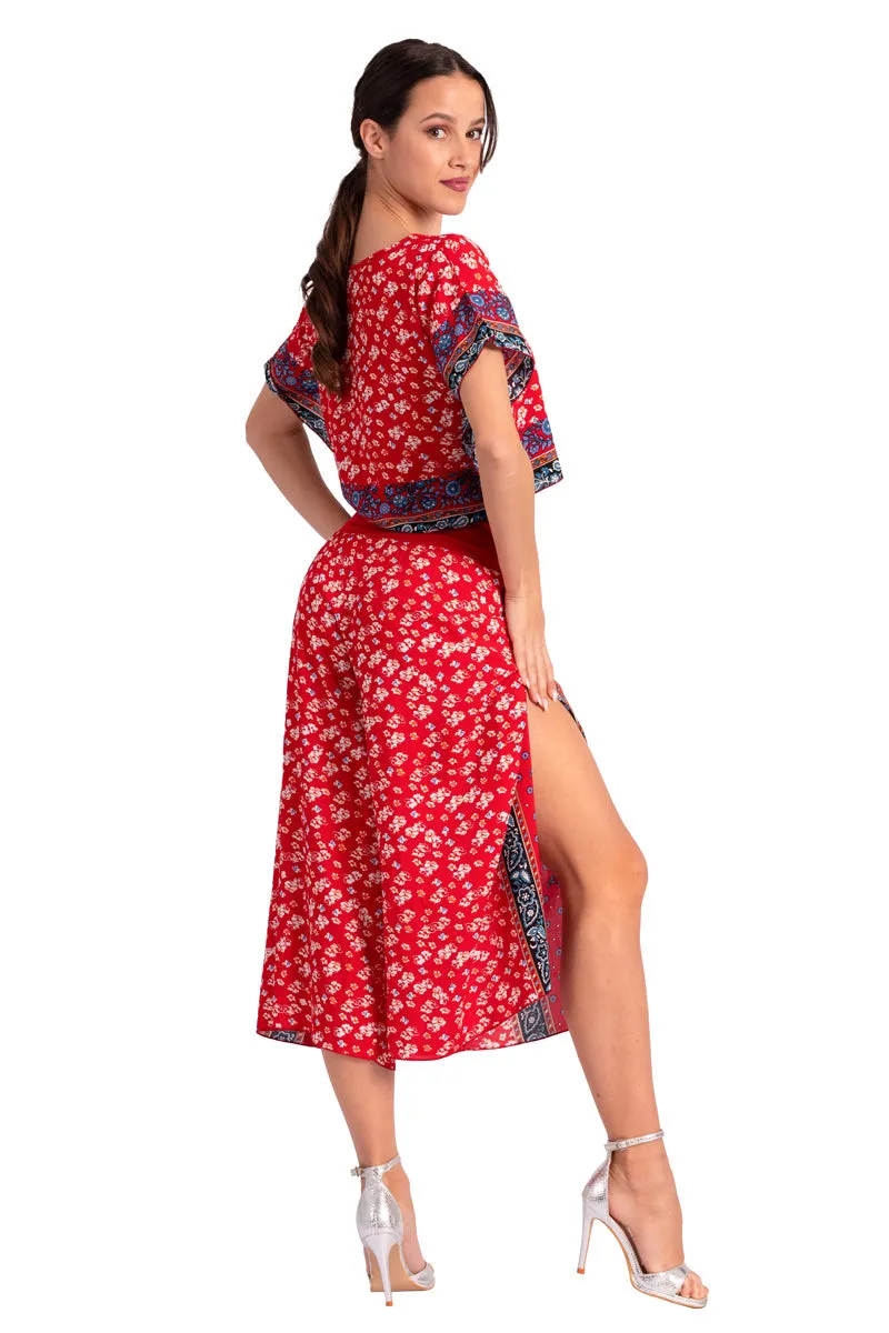 Bright Red Floral Print Boxy Co-ord Crop Top