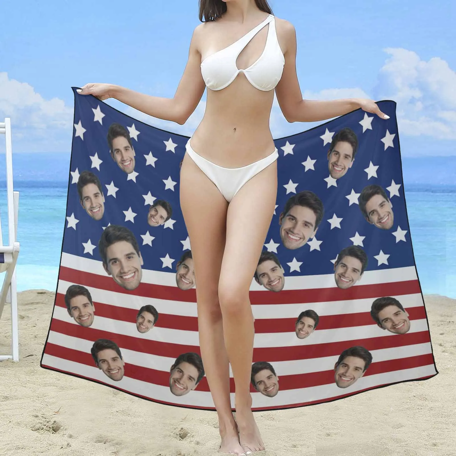 Custom Face American Flag Long Sarongs Beach Wrap Personalized Bikini Cover Up