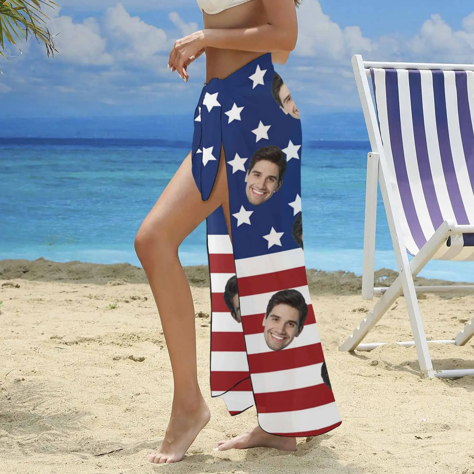 Custom Face American Flag Long Sarongs Beach Wrap Personalized Bikini Cover Up