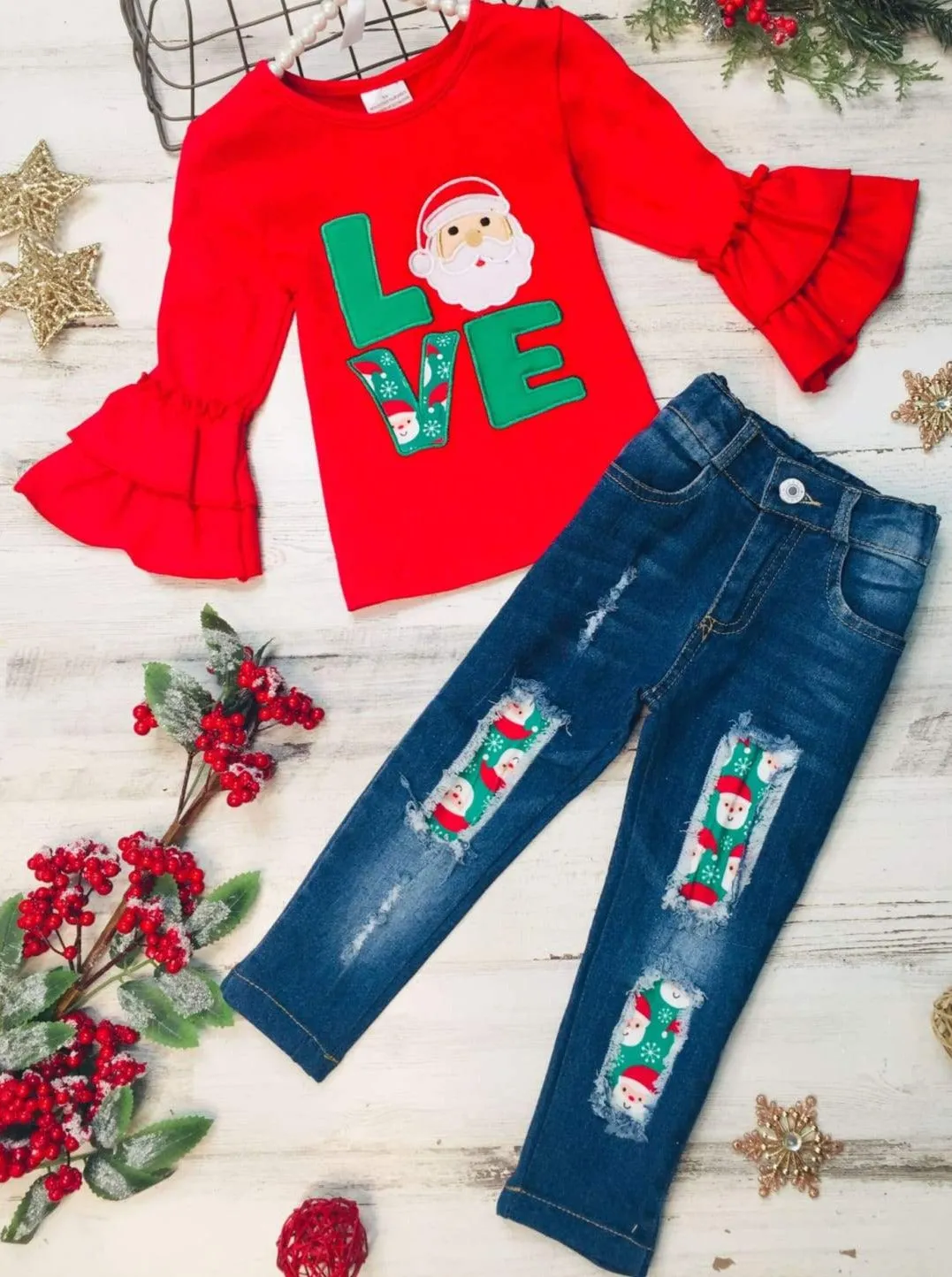 Girls "Love" Santa Ruffled Top and Ripped Jeans Set