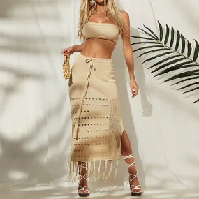 Hollow bikini blouse wrap chest long skirt two-piece lace-up fringed beach sunscreen skirt