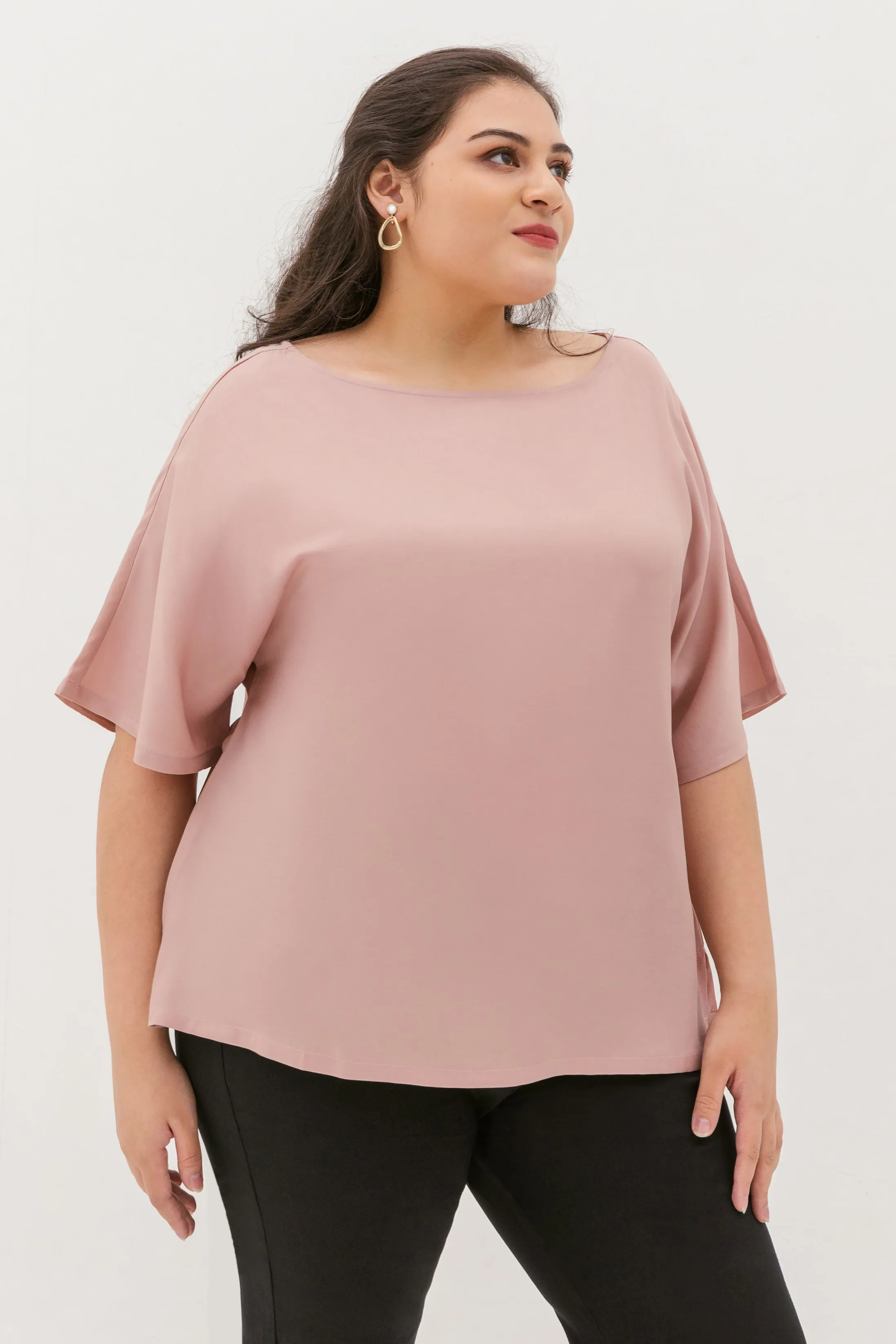 Isla Boat-Neck Flare Sleeve Blouse In Rose Gold