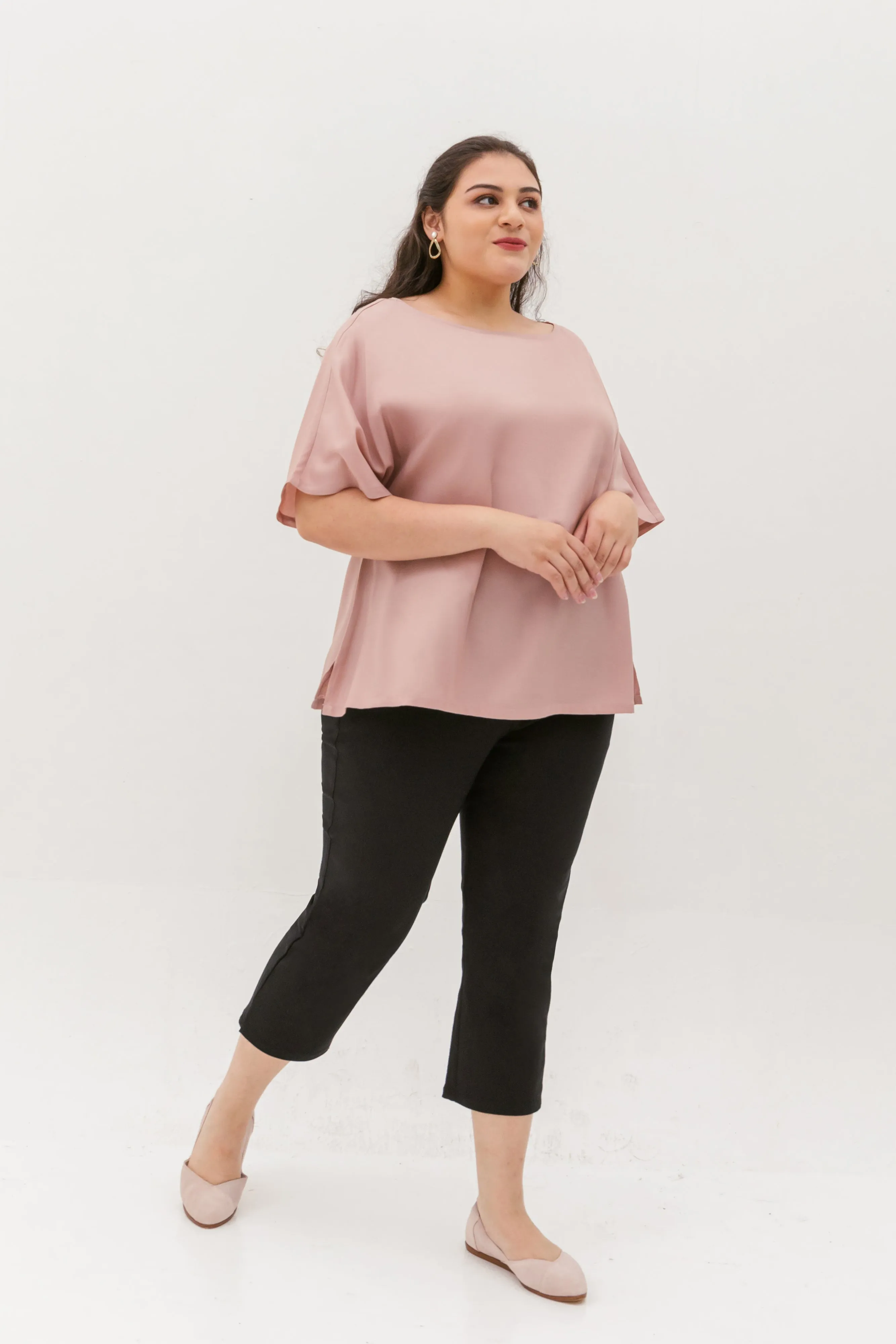 Isla Boat-Neck Flare Sleeve Blouse In Rose Gold