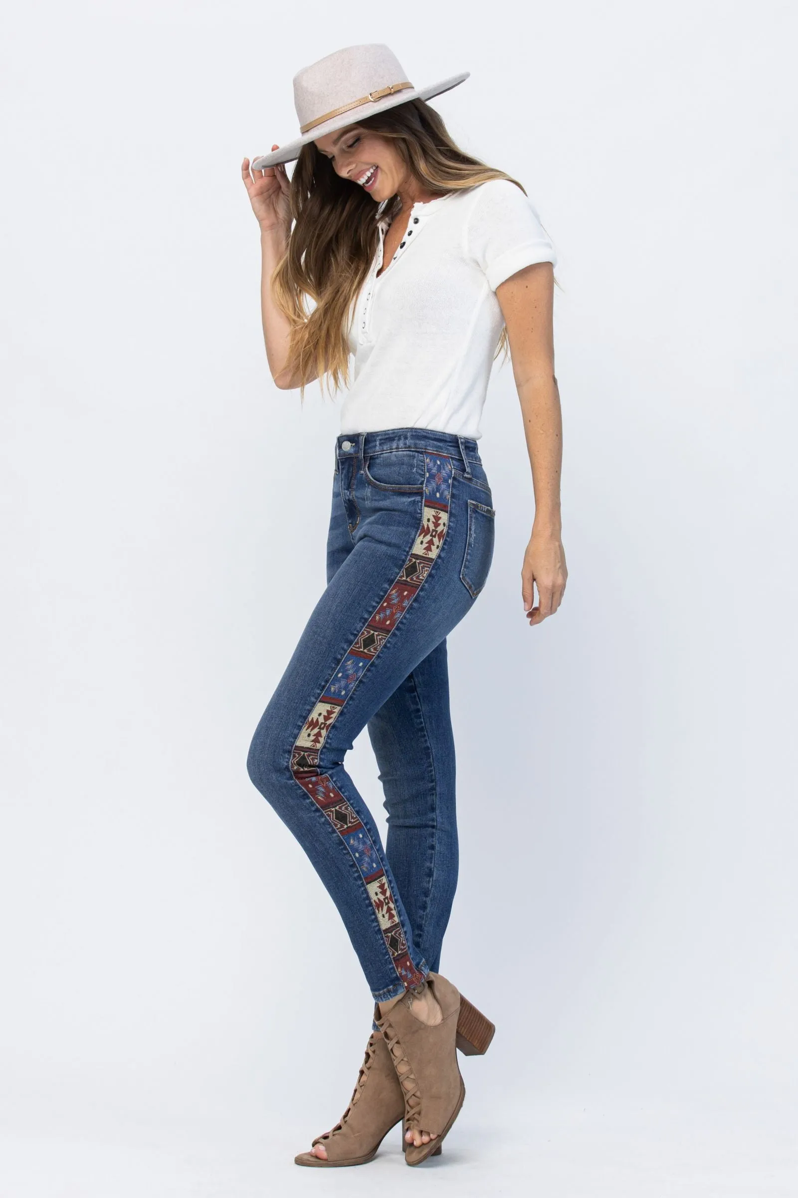 Judy Blue Mid Rise Western Print Relaxed Fit Jeans