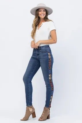 Judy Blue Mid Rise Western Print Relaxed Fit Jeans