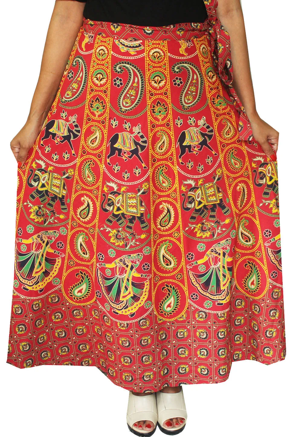 Long Cotton Wrap Around Skirts India Women (Red)