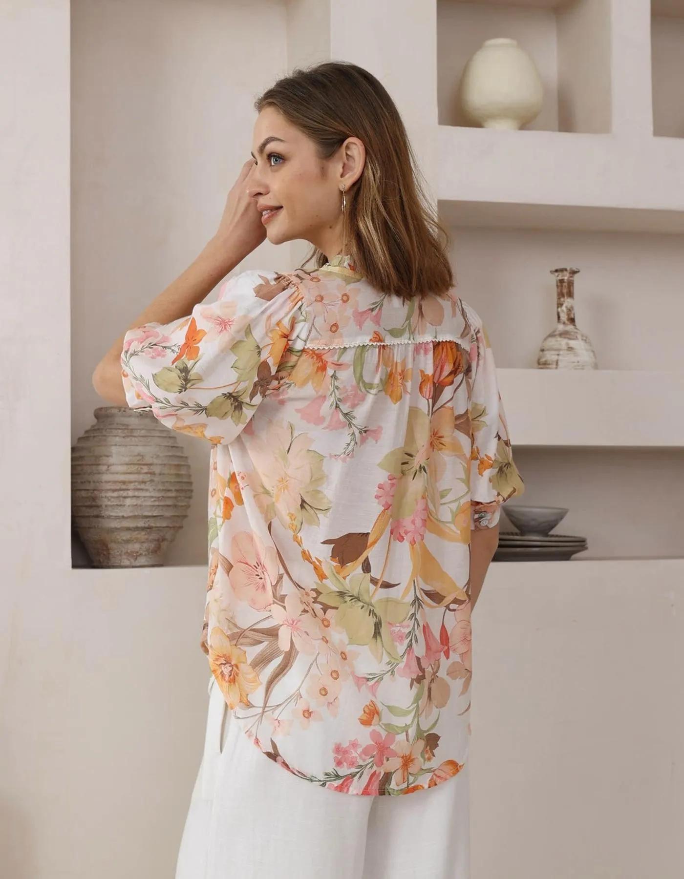 Meadow Short Sleeve Button Front Blouse in White Floral