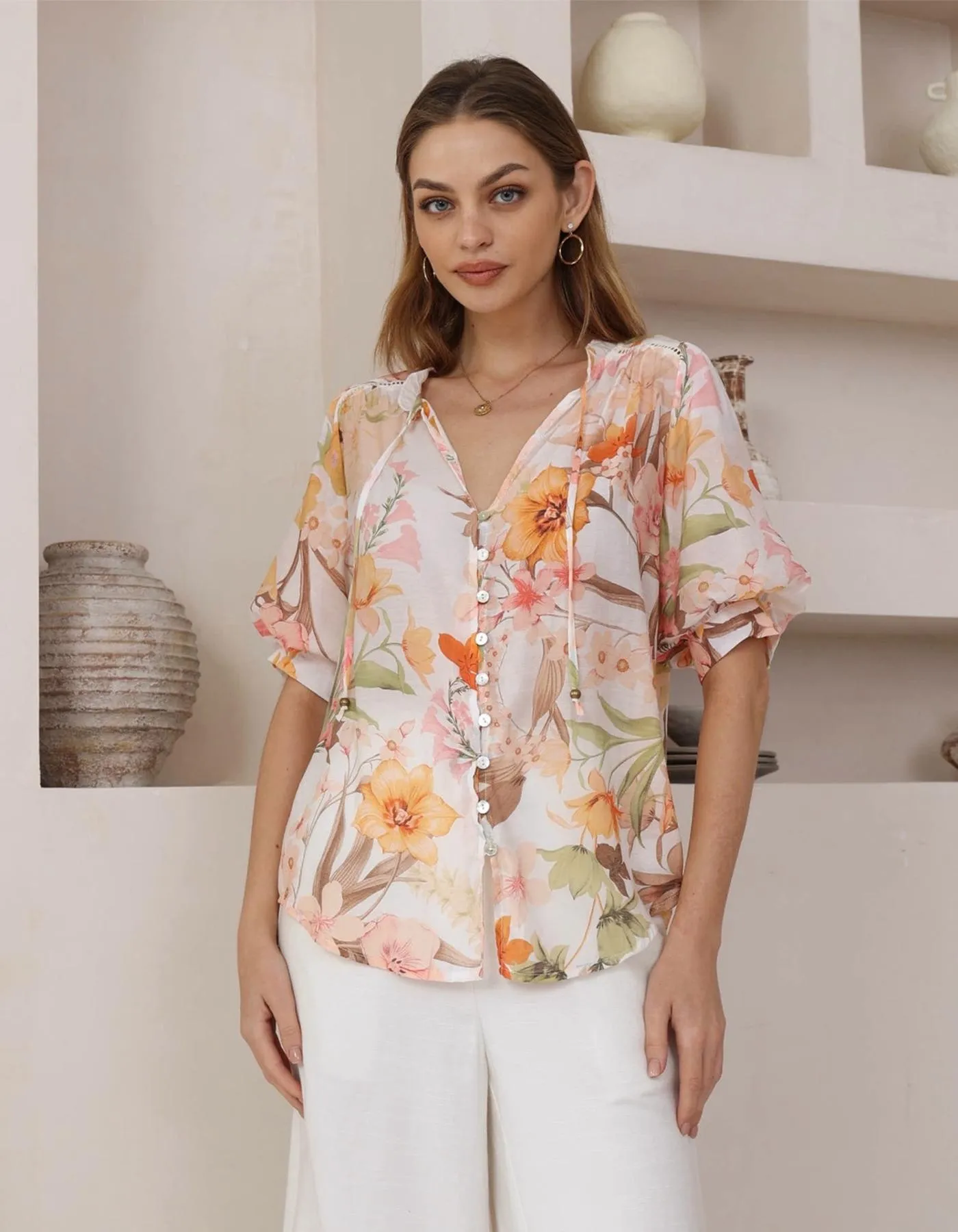 Meadow Short Sleeve Button Front Blouse in White Floral