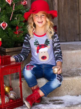 Plaid Rudolph Camo Raglan Top and Patched Jeans Set