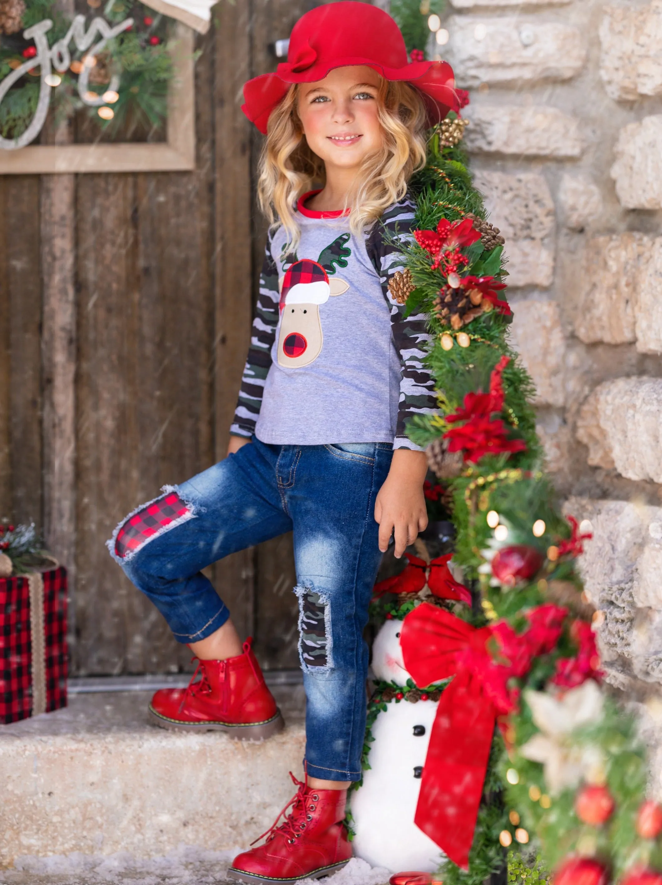 Plaid Rudolph Camo Raglan Top and Patched Jeans Set