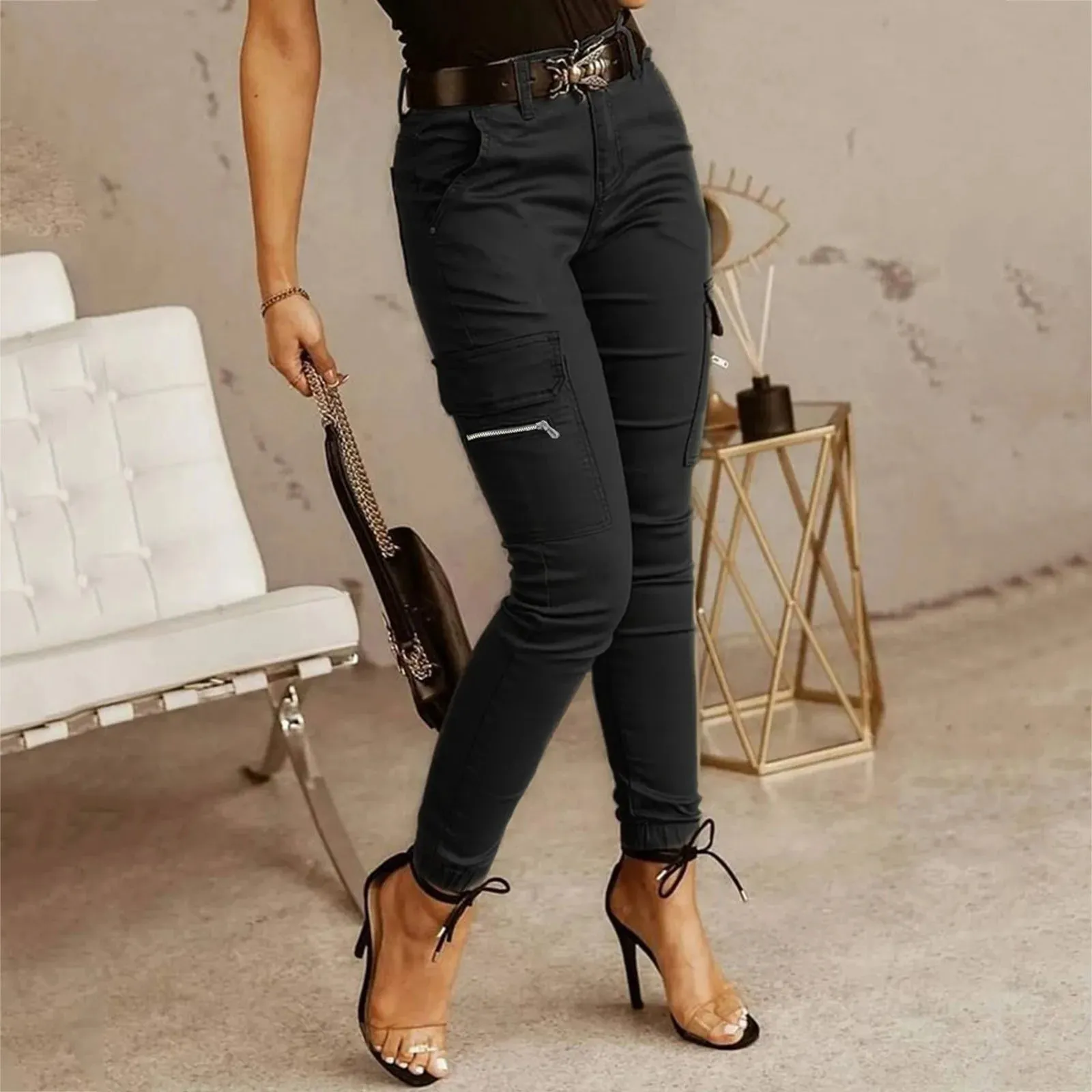 Plus Size Cargo Pants Women Solid Zipper Pocket Design Cargo Pants