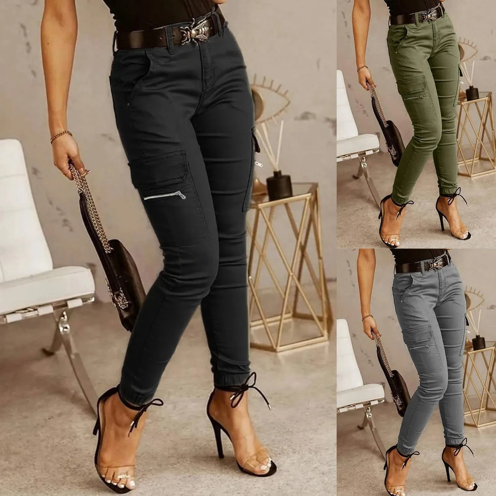 Plus Size Cargo Pants Women Solid Zipper Pocket Design Cargo Pants