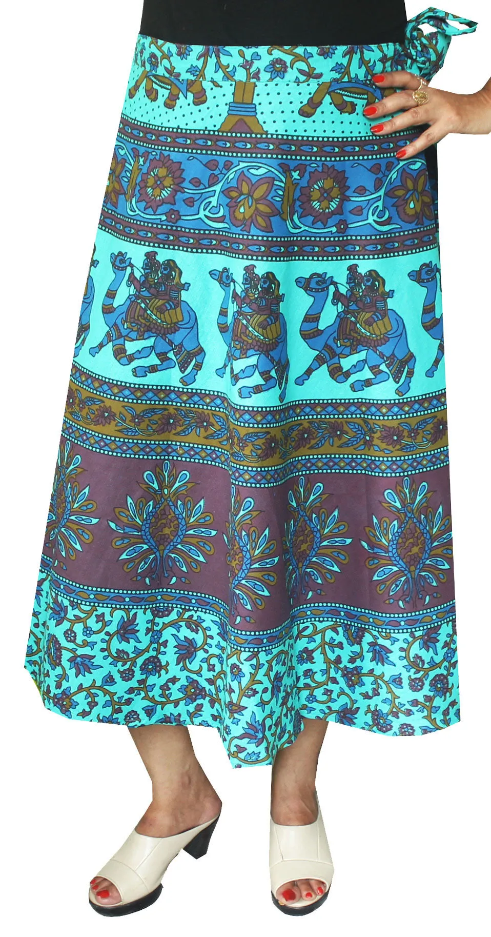 Printed Cotton Long Wrap Skirt from India (Blue)