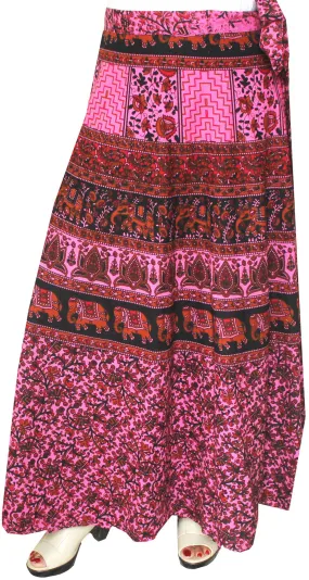 Printed Cotton Womens Long Skirt Wrap Around India Clothes (Pink)