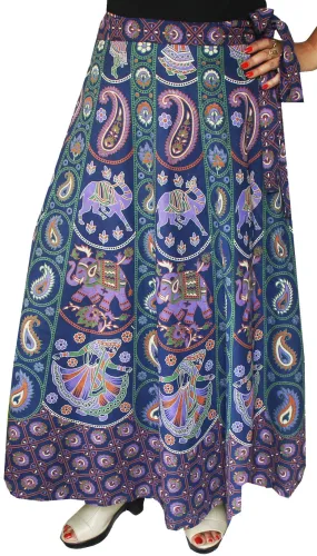 Printed Long Cotton Wrap Around Skirt India Women (Blue)