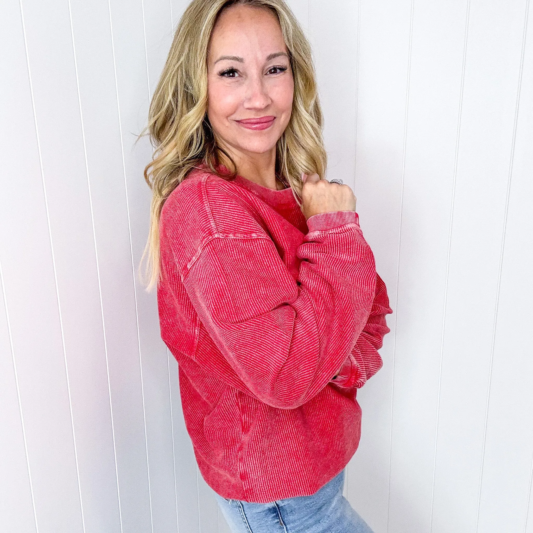 Red Snow Washed Oversized Luxe Soft Corded Crewneck Pullover