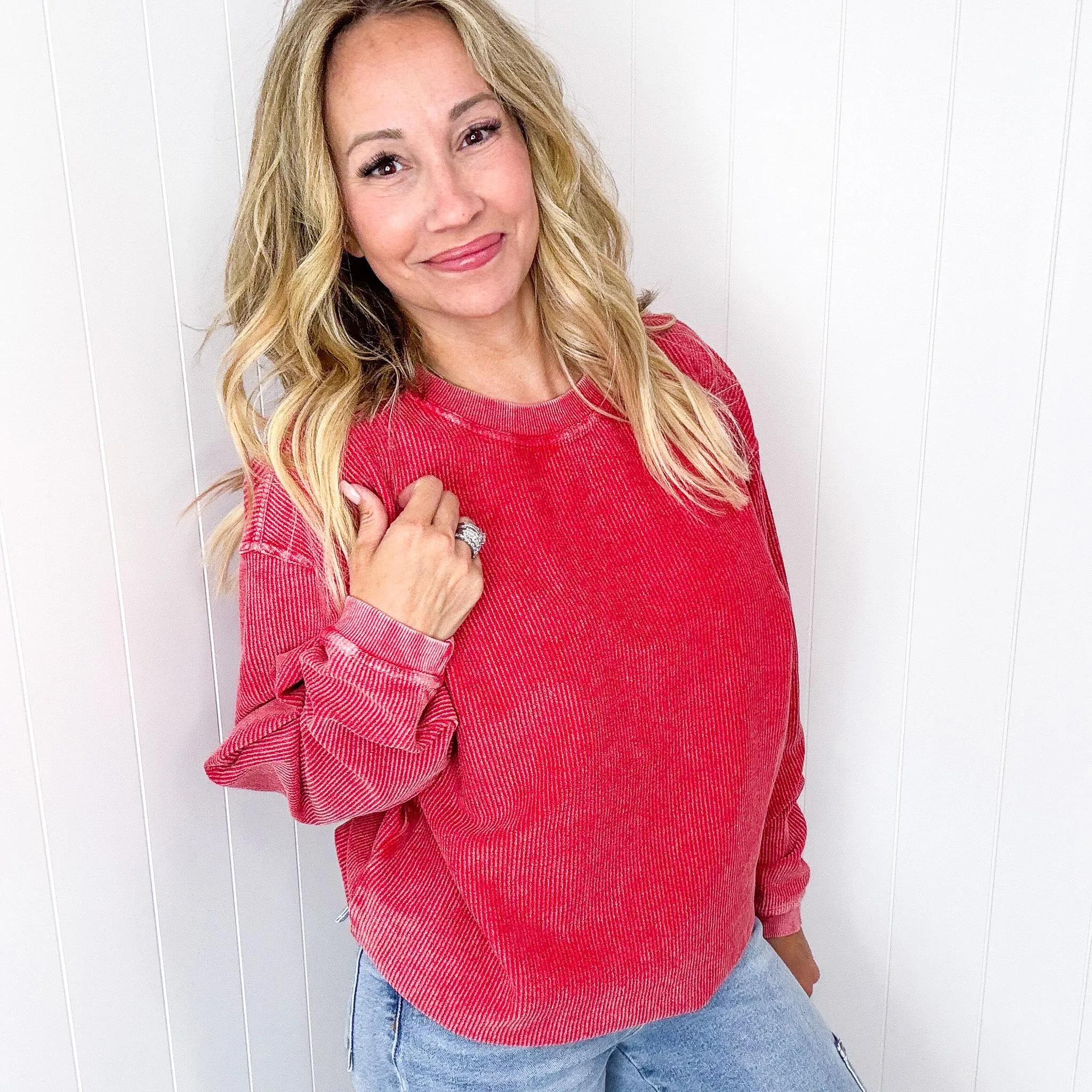 Red Snow Washed Oversized Luxe Soft Corded Crewneck Pullover