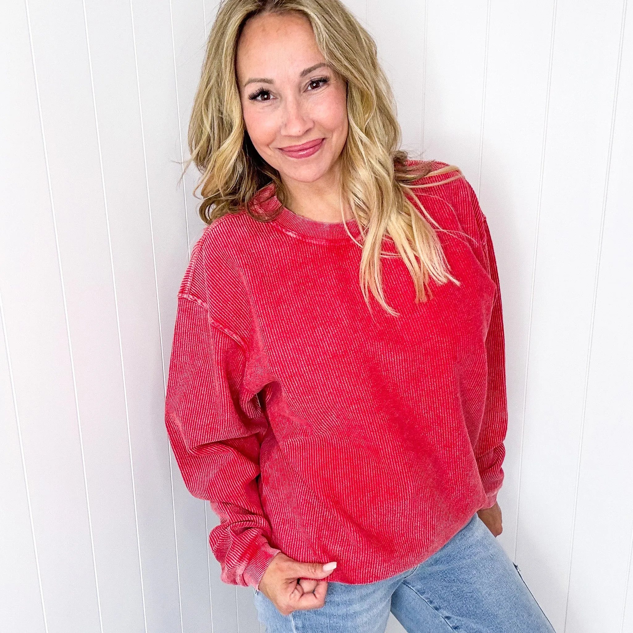 Red Snow Washed Oversized Luxe Soft Corded Crewneck Pullover