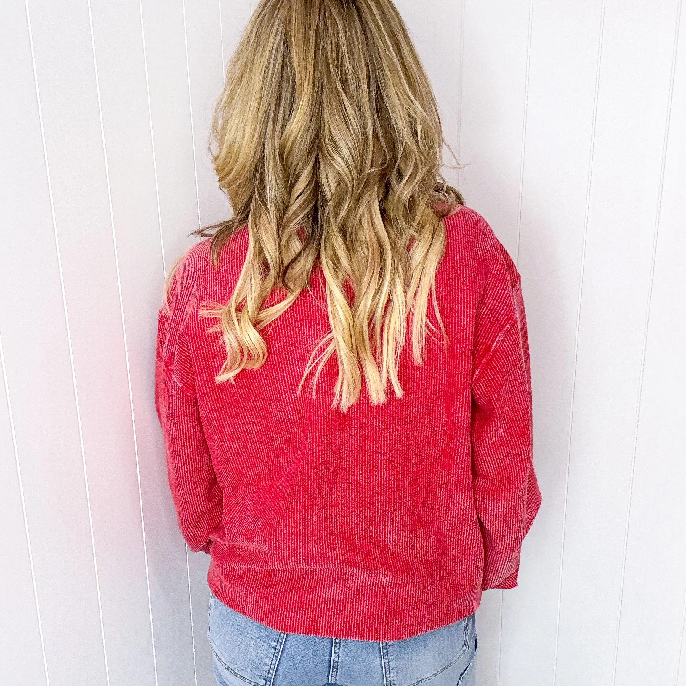 Red Snow Washed Oversized Luxe Soft Corded Crewneck Pullover