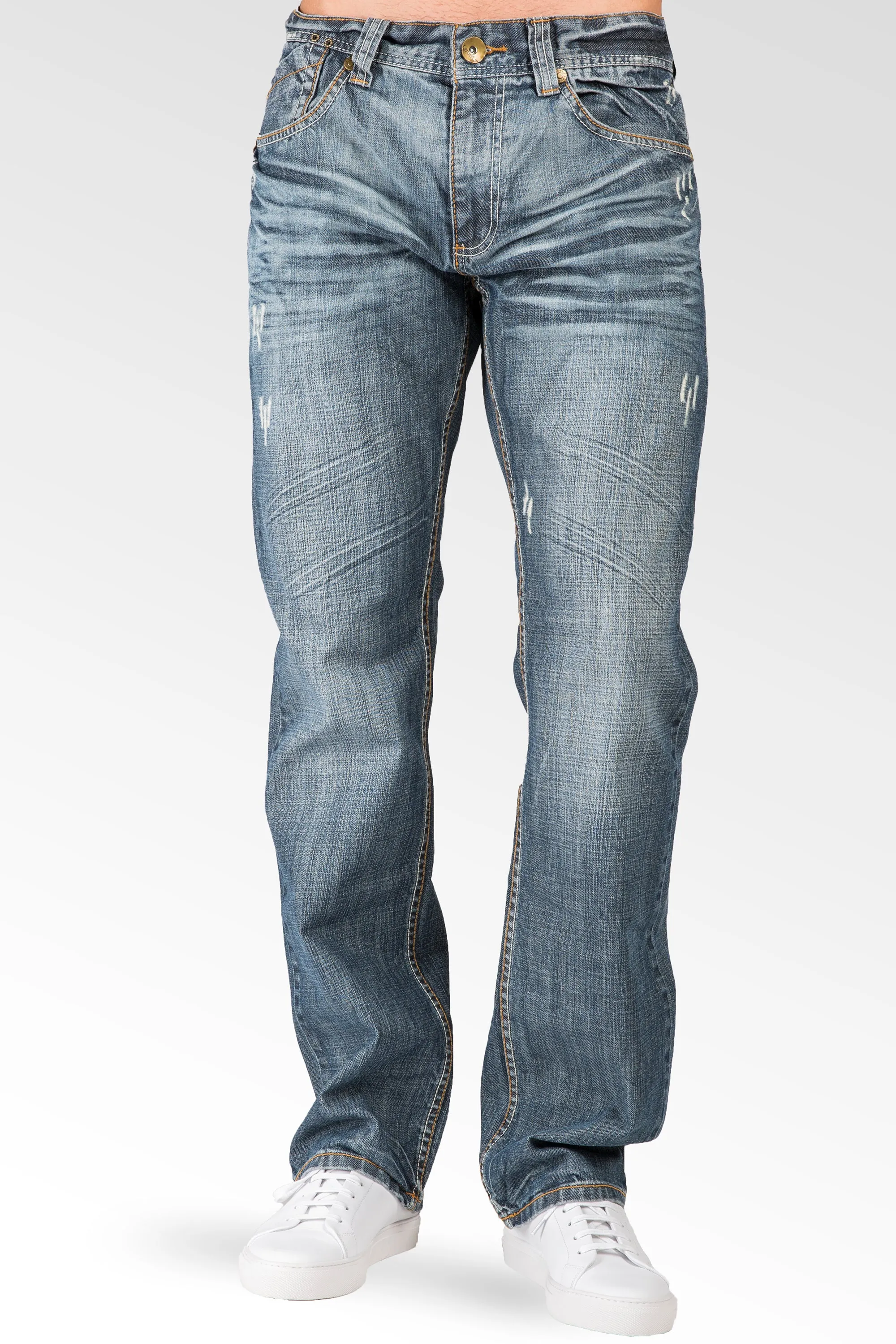 Relaxed Straight Medium Blue Distressed Premium Denim Signature 5 Pocket Jeans Whiskering