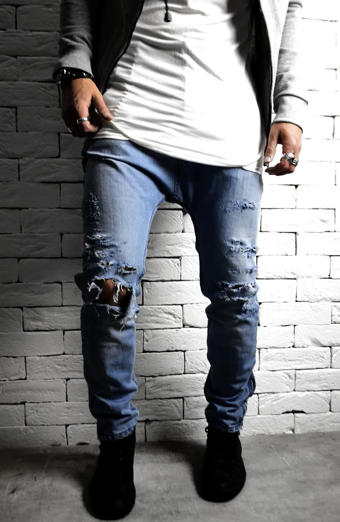 Ripped Skater Skinny Jeans - Bleached Blue