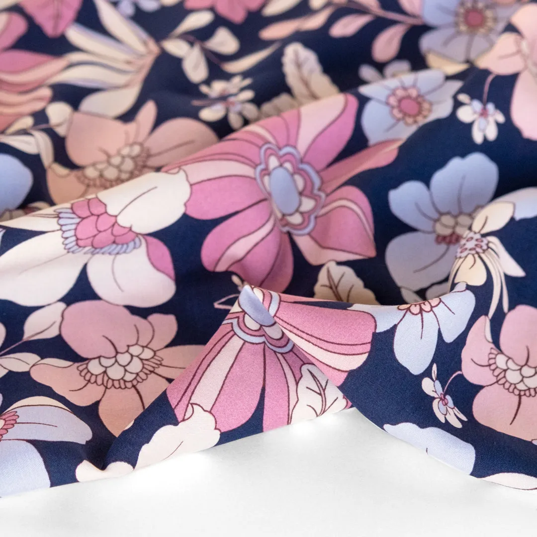 Storybook Florals Viscose Poplin - Navy/Mauve/Pale Sky