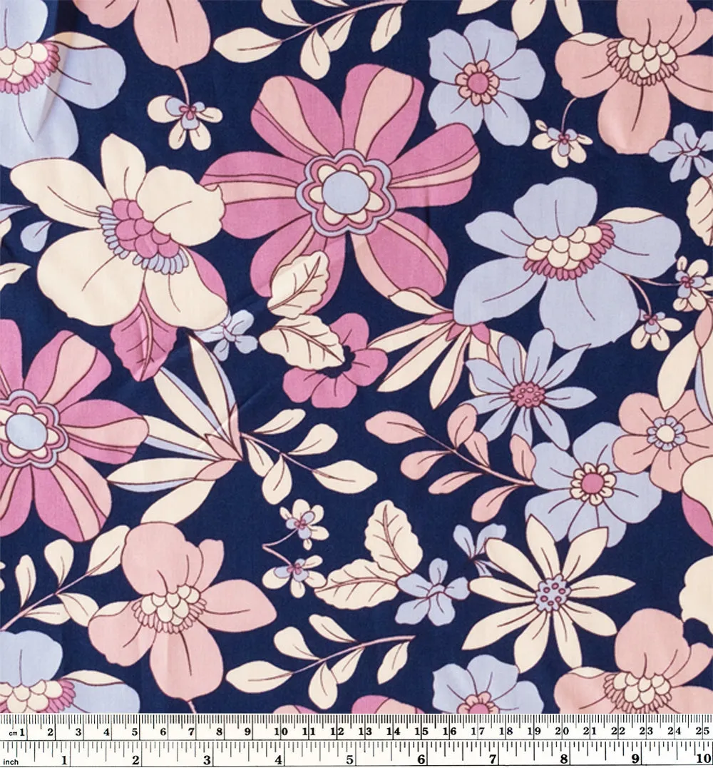 Storybook Florals Viscose Poplin - Navy/Mauve/Pale Sky