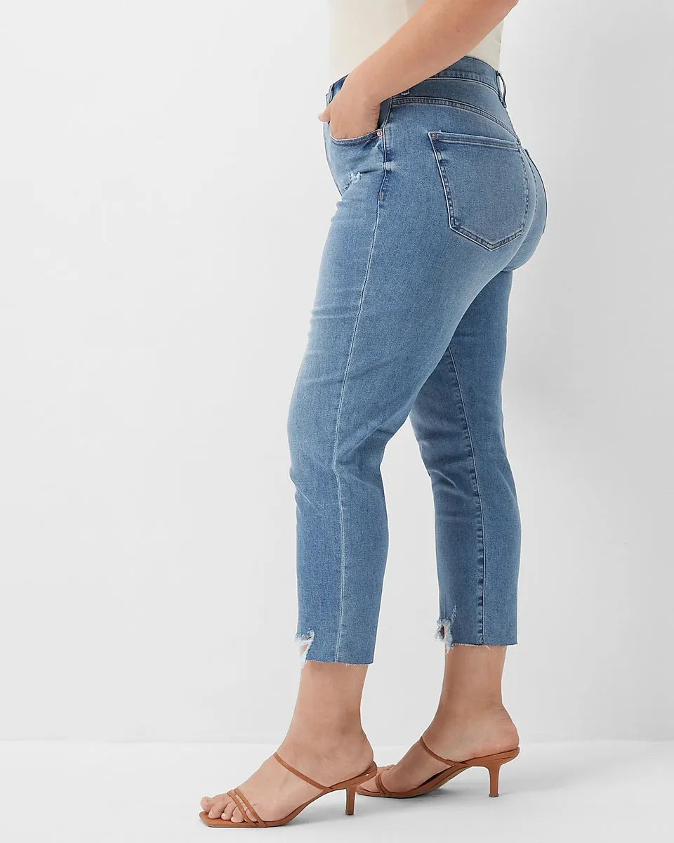 Super High Waisted Ripped Raw Step Hem Supersoft Mom Jeans in Medium Wash