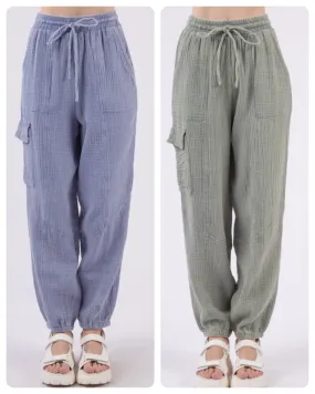 Washed Woven Crinkle Gauze Cargo Pants - Denim or Sage