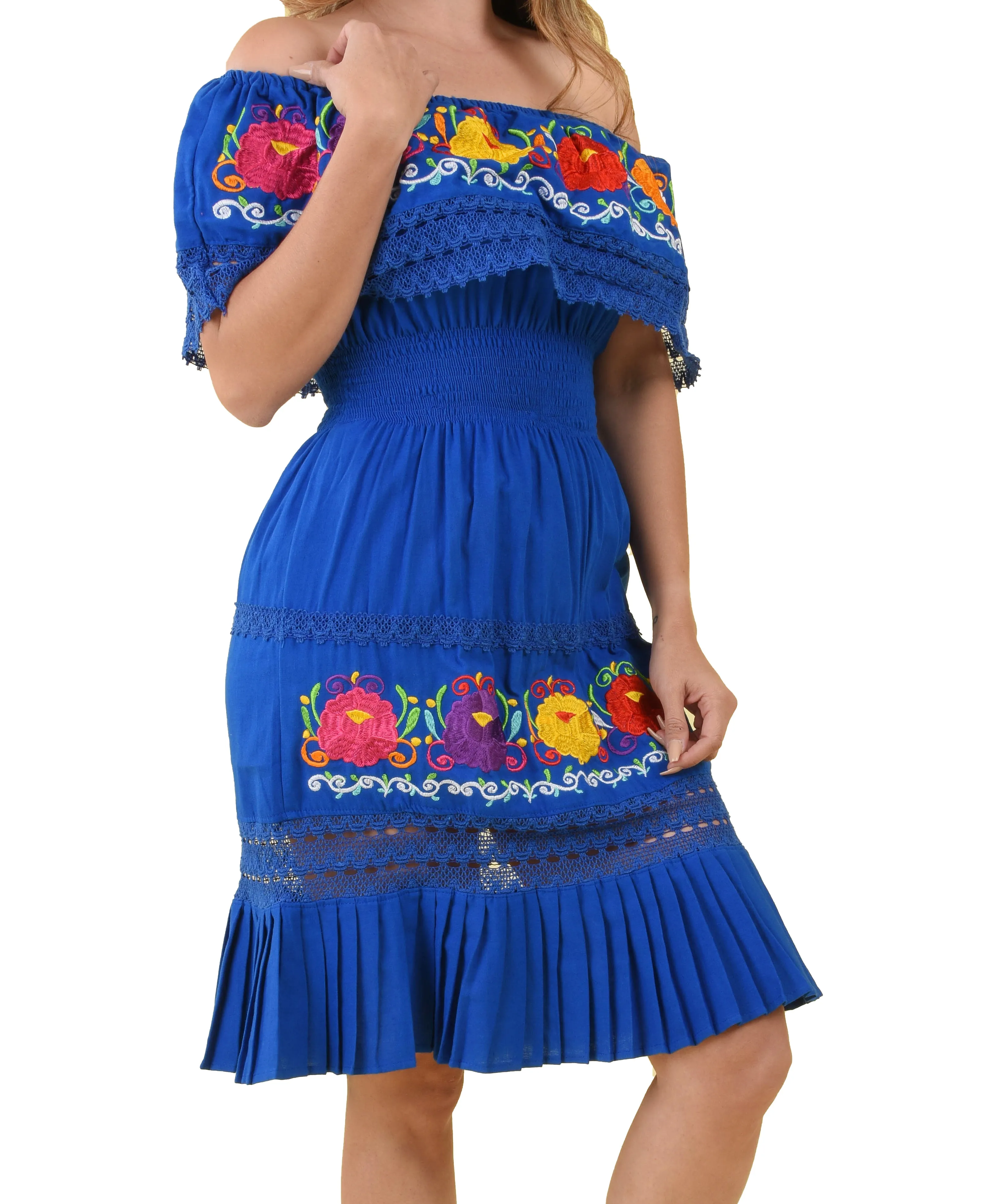 Womens Traditional Embroidered Manta Off Shoulder Pleated Bottom Dress Floral Blue