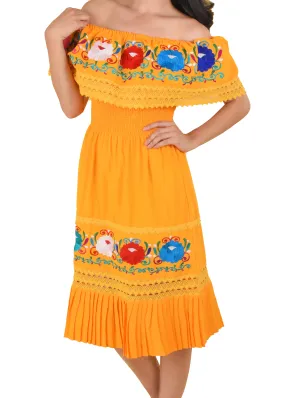 Womens Traditional Embroidered Manta Off Shoulder Pleated Bottom Dress Floral Orange